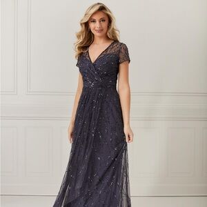 Christina Wu Navy Beaded V-Neck Maxi Gown